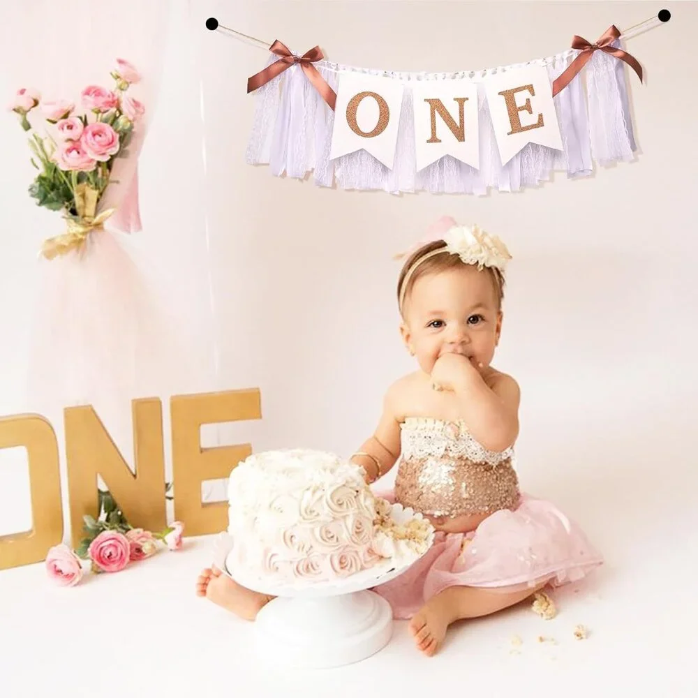 1st Highchair Banner,Rose Gold,Blush&White First Birthday Highchair Banner,One Y